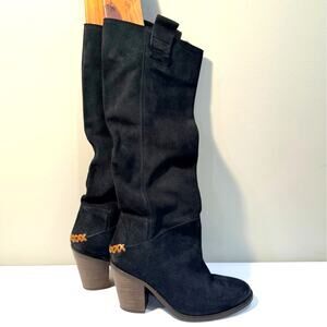 Free People Boots Size 39 Montgomery Black Suede Leather Slouch Braid Heel